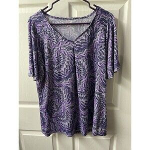 Kim Rogers Knit Top Womens Large Purple Print V Neck Short Sleeved Basic Capsule